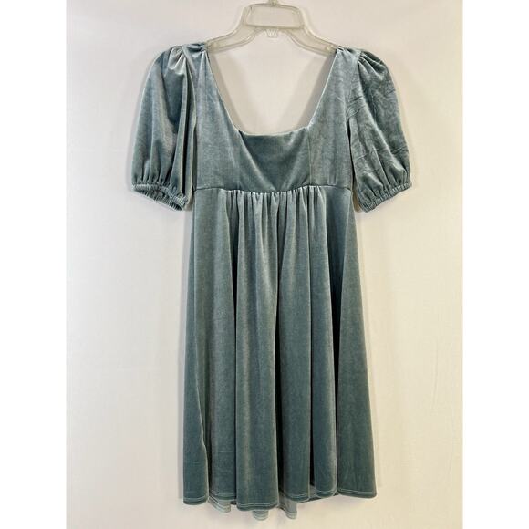 Dusty Blue Velvet Peasant Prairie Fairy Square Neck Puff Sleeved Mini Dress XS - Picture 1 of 12